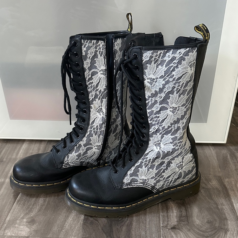 Dr. Martens Black and White Lace Moto Boots